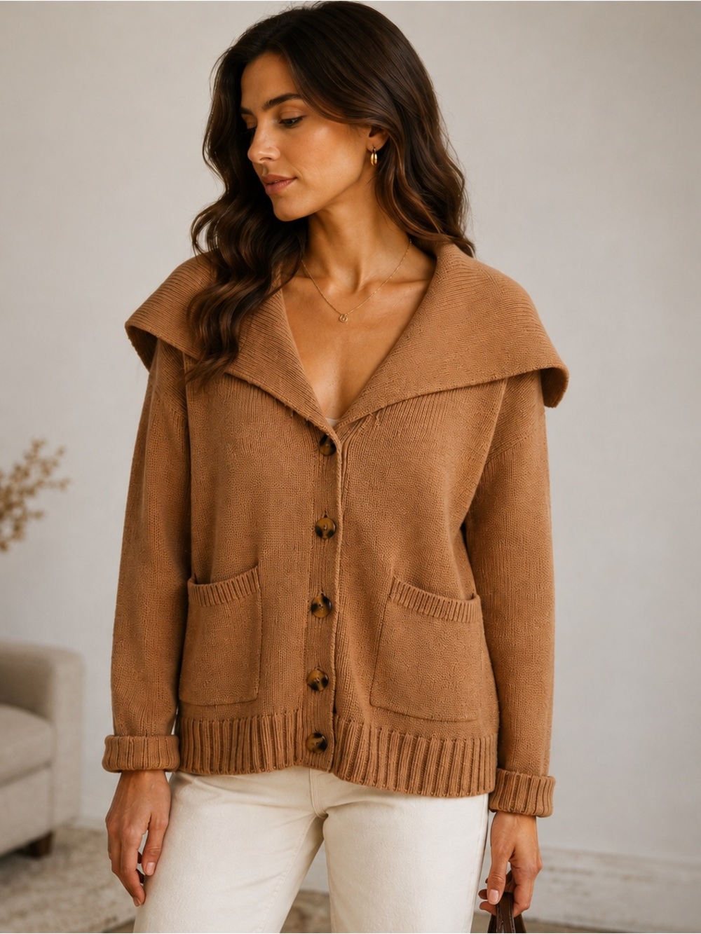 Joie Camel Tan Oversized Collar Knit Cardigan Sweater XS Quiet Luxury